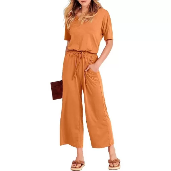 imageANRABESS Women Short Sleeve Summer Casual V Neck Elastic Waist Wide Leg Cropped Pant Jumpsuits Rompers with Pockets02orange