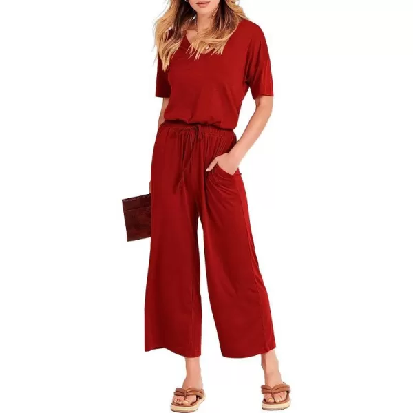 imageANRABESS Women Short Sleeve Summer Casual V Neck Elastic Waist Wide Leg Cropped Pant Jumpsuits Rompers with Pockets02red