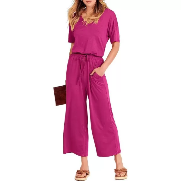 imageANRABESS Women Short Sleeve Summer Casual V Neck Elastic Waist Wide Leg Cropped Pant Jumpsuits Rompers with Pockets02rose