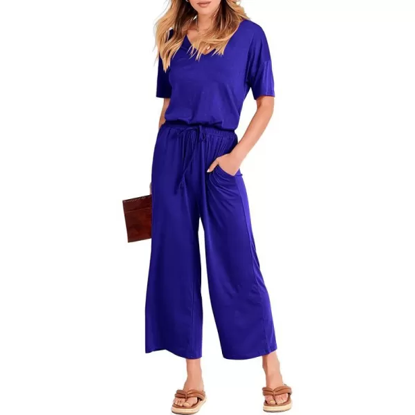 imageANRABESS Women Short Sleeve Summer Casual V Neck Elastic Waist Wide Leg Cropped Pant Jumpsuits Rompers with Pockets02royal Blue