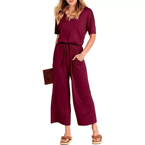 imageANRABESS Women Short Sleeve Summer Casual V Neck Elastic Waist Wide Leg Cropped Pant Jumpsuits Rompers with Pockets02wine Red