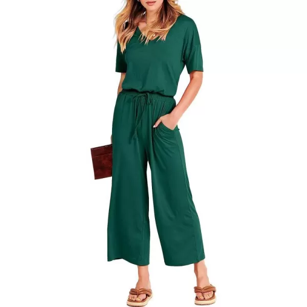 imageANRABESS Women Short Sleeve Summer Casual V Neck Elastic Waist Wide Leg Cropped Pant Jumpsuits Rompers with Pockets03deep Green