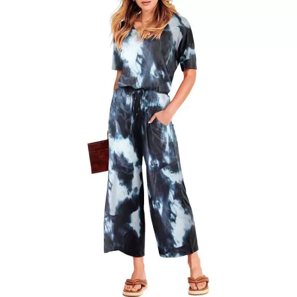imageANRABESS Women Short Sleeve Summer Casual V Neck Elastic Waist Wide Leg Cropped Pant Jumpsuits Rompers with Pockets04tie Dye Navy