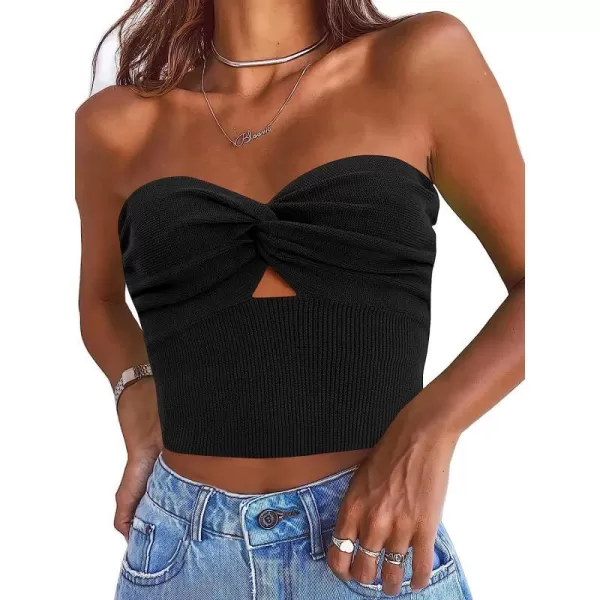 imageANRABESS Women Strapless Crop Tube Top Sexy Ribbed Knit Cutout Twisted Knot Front Sleeveless Y2K Corset Tanks TopBlack