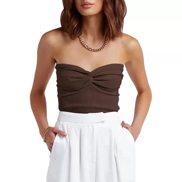 imageANRABESS Women Strapless Crop Tube Top Sexy Ribbed Knit Twisted Knot Front Sleeveless Y2K Corset Tanks TopCoffee