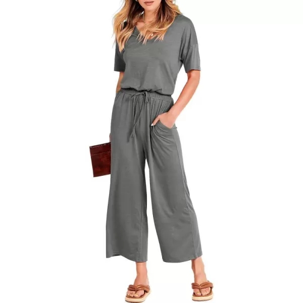 imageANRABESS Women Summer Casual Short Sleeve V Neck Elastic Waist Wide Leg Cropped Pants Jumpsuits Rompers with Pockets01dark Gray