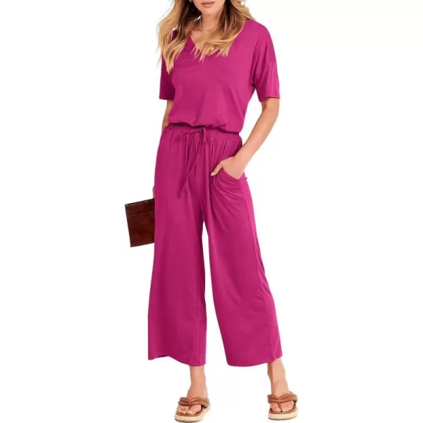 imageANRABESS Women Summer Casual Short Sleeve V Neck Elastic Waist Wide Leg Cropped Pants Jumpsuits Rompers with Pockets02hot Pink