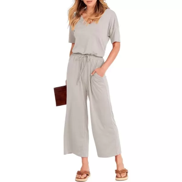 imageANRABESS Women Summer Casual Short Sleeve V Neck Elastic Waist Wide Leg Cropped Pants Jumpsuits Rompers with Pockets02light Gray