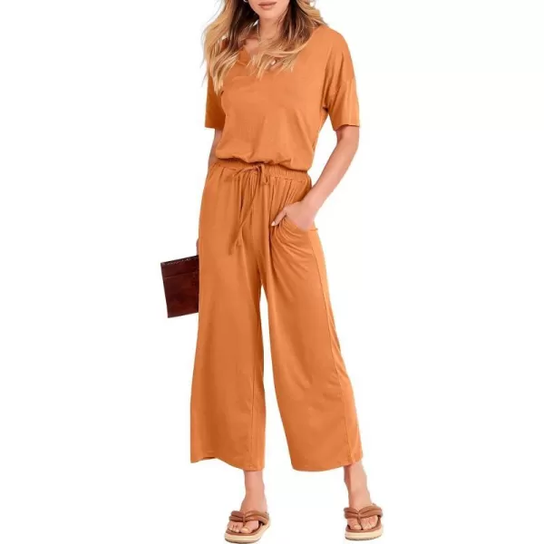 imageANRABESS Women Summer Casual Short Sleeve V Neck Elastic Waist Wide Leg Cropped Pants Jumpsuits Rompers with Pockets02orange