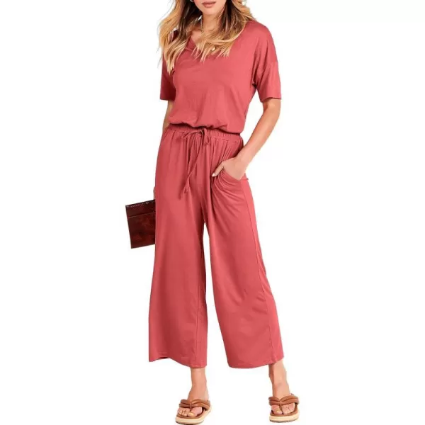 imageANRABESS Women Summer Casual Short Sleeve V Neck Elastic Waist Wide Leg Cropped Pants Jumpsuits Rompers with Pockets02peach