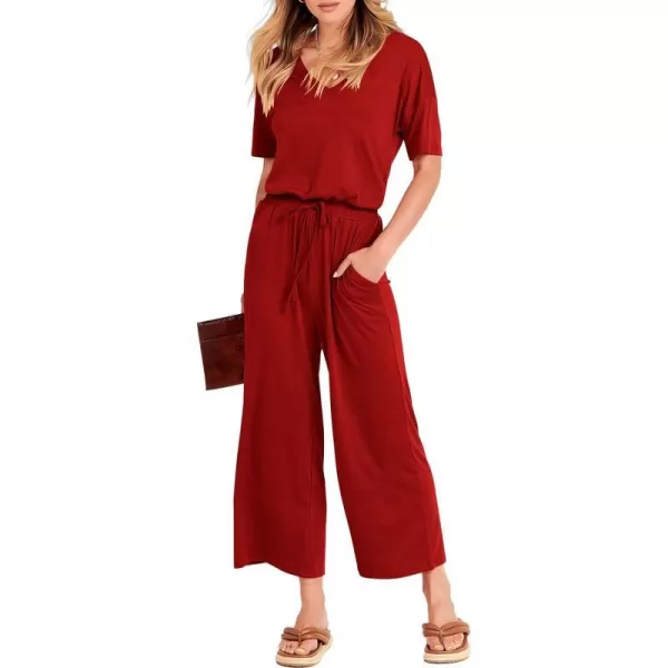 imageANRABESS Women Summer Casual Short Sleeve V Neck Elastic Waist Wide Leg Cropped Pants Jumpsuits Rompers with Pockets02red