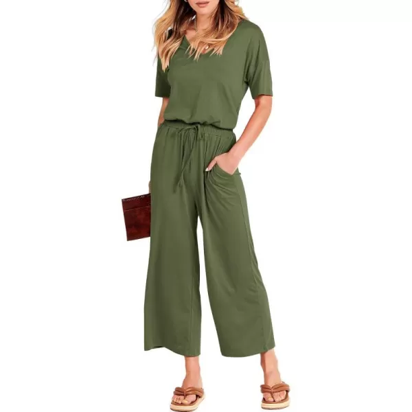imageANRABESS Women Summer Casual Short Sleeve V Neck Elastic Waist Wide Leg Cropped Pants Jumpsuits Rompers with Pockets03green