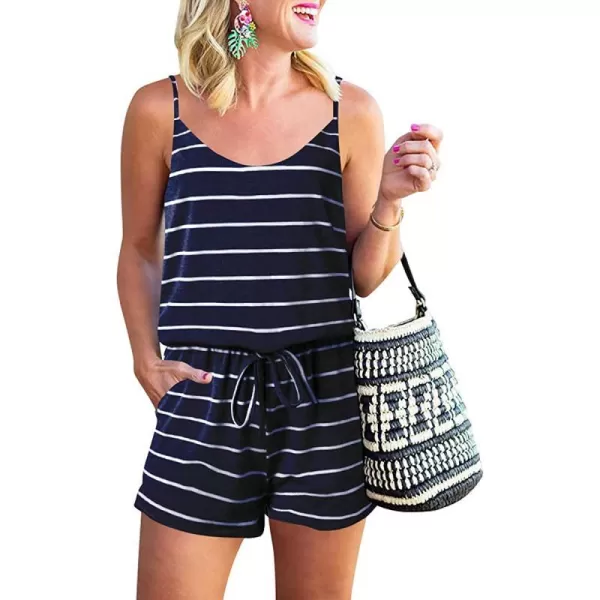 imageANRABESS Women Summer Loose Solid Sleeveless Jumpsuit Rompers Spaghetti Strap Adjustable Waist Short Pant Rompers02navy amp White