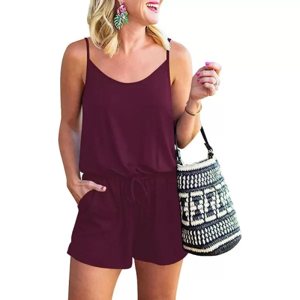 imageANRABESS Women Summer Loose Solid Sleeveless Jumpsuit Rompers Spaghetti Strap Adjustable Waist Short Pant Rompers02wine Red