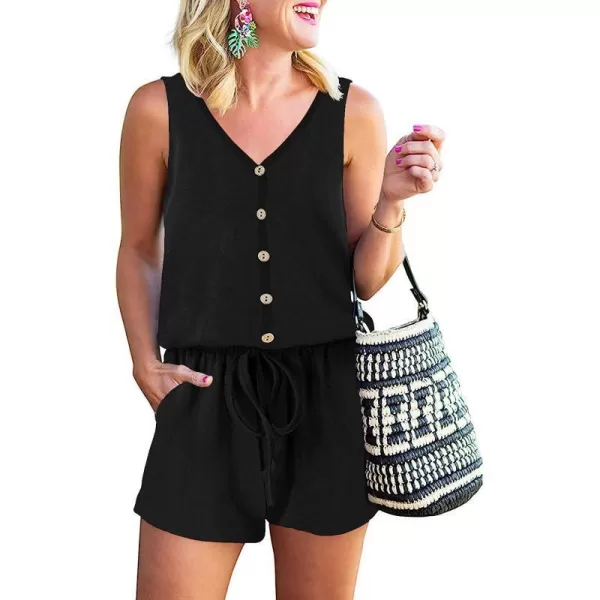 imageANRABESS Women Summer Loose Solid Sleeveless Jumpsuit Rompers Spaghetti Strap Adjustable Waist Short Pant Rompers03black