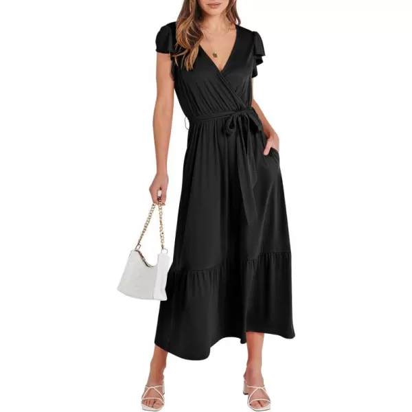 imageANRABESS Women Summer Maxi Dress Casual Wrap V Neck Flutter Short Sleeve Belt ALine Tiered Flowy Beach Long DressesBlack