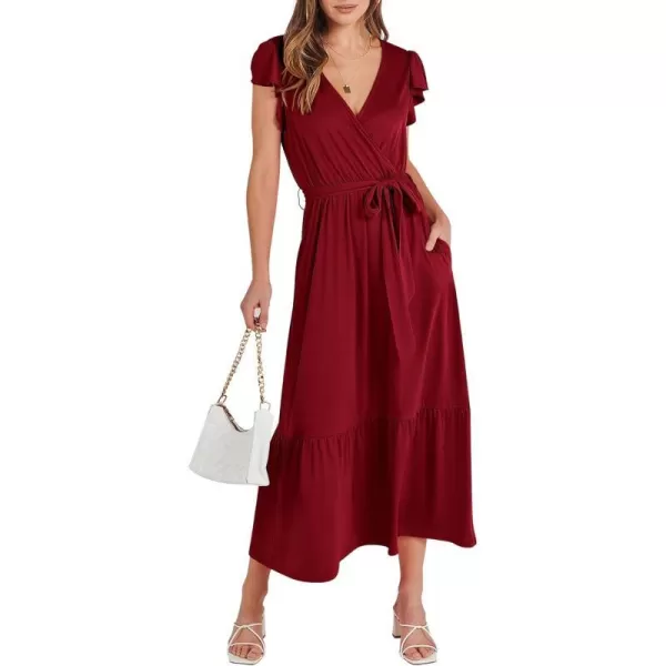 imageANRABESS Women Summer Maxi Dress Casual Wrap V Neck Flutter Short Sleeve Belt ALine Tiered Flowy Beach Long DressesBurgundy