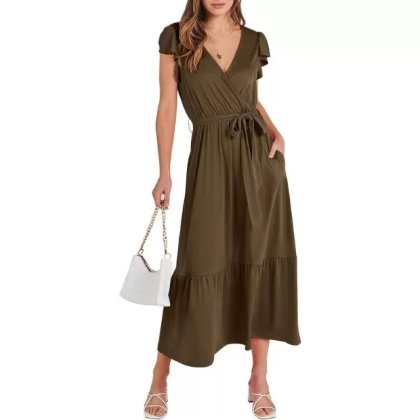 imageANRABESS Women Summer Maxi Dress Casual Wrap V Neck Flutter Short Sleeve Belt ALine Tiered Flowy Beach Long DressesCoffee