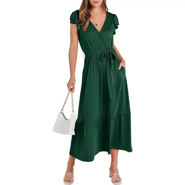imageANRABESS Women Summer Maxi Dress Casual Wrap V Neck Flutter Short Sleeve Belt ALine Tiered Flowy Beach Long DressesDeep Green