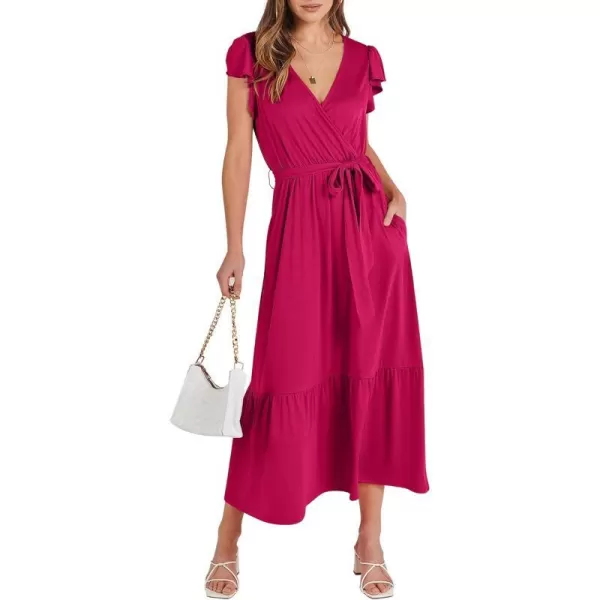 imageANRABESS Women Summer Maxi Dress Casual Wrap V Neck Flutter Short Sleeve Belt ALine Tiered Flowy Beach Long DressesHot Pink