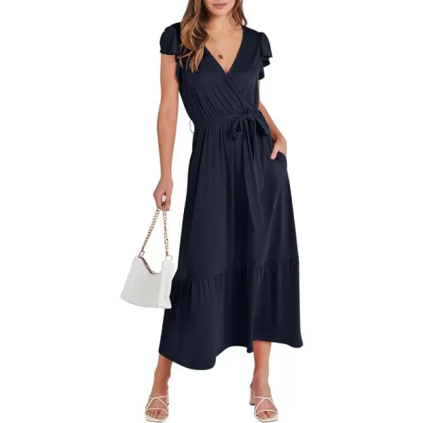 imageANRABESS Women Summer Maxi Dress Casual Wrap V Neck Flutter Short Sleeve Belt ALine Tiered Flowy Beach Long DressesNavy Blue