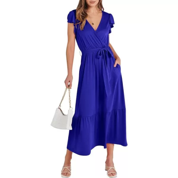 imageANRABESS Women Summer Maxi Dress Casual Wrap V Neck Flutter Short Sleeve Belt ALine Tiered Flowy Beach Long DressesRoyal Blue