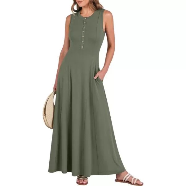 imageANRABESS Women Summer Sleeveless Button Round Neck Fit  Flare ALine Casual Maxi Dresses with PocketsArmy Green