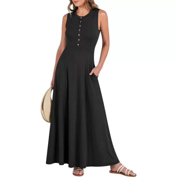 imageANRABESS Women Summer Sleeveless Button Round Neck Fit  Flare ALine Casual Maxi Dresses with PocketsBlack