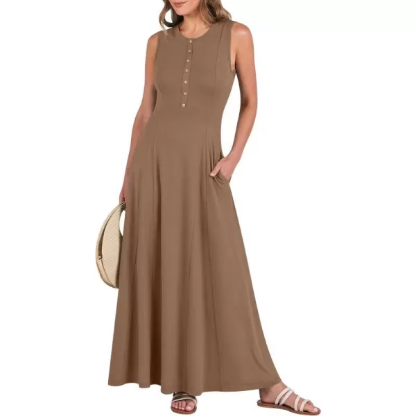 imageANRABESS Women Summer Sleeveless Button Round Neck Fit  Flare ALine Casual Maxi Dresses with PocketsKhaki