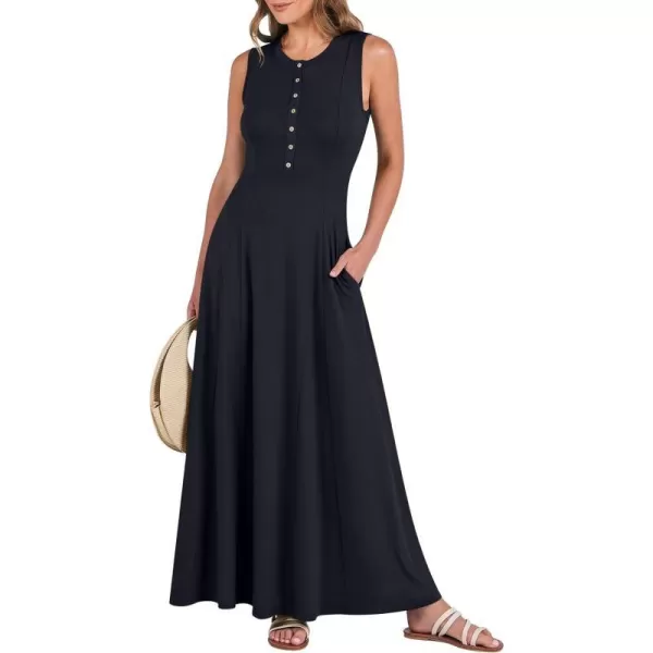 imageANRABESS Women Summer Sleeveless Button Round Neck Fit  Flare ALine Casual Maxi Dresses with PocketsNavy Blue