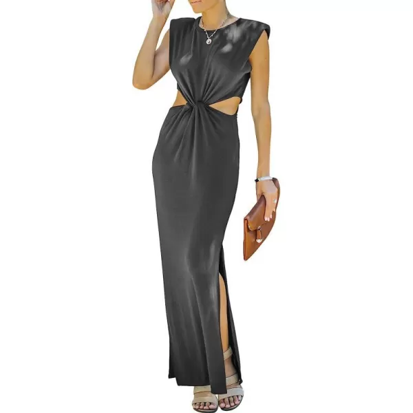 imageANRABESS Women Summer Sleeveless Padded Shoulder Sexy Cutout Waist Bodycon Formal Party Maxi Dress with Slit for Cruise BeachDark Gray