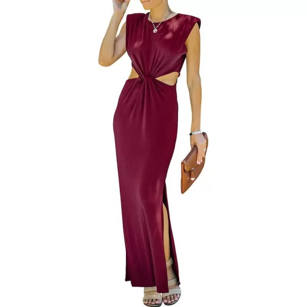 imageANRABESS Women Summer Sleeveless Padded Shoulder Sexy Cutout Waist Bodycon Formal Party Maxi Dress with Slit for Cruise BeachDark Red