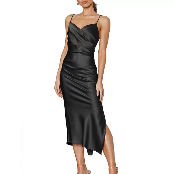 imageANRABESS Women Summer Spaghetti Strap Wrap V Neck Ruched Bodycon Satin Slit Cocktail Prom Formal DressesBlack