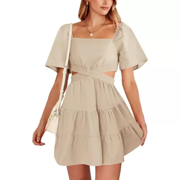 imageANRABESS Women Summer Square Neck Short Sleeve Cutout Crossover Waist Casual Party Tiered ALine Mini DressAlmond