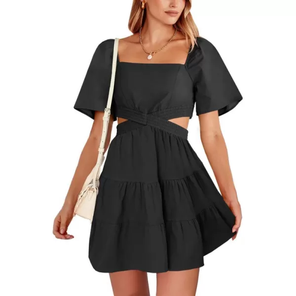 imageANRABESS Women Summer Square Neck Short Sleeve Cutout Crossover Waist Casual Party Tiered ALine Mini DressBlack