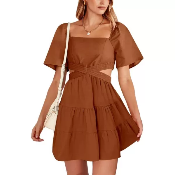 imageANRABESS Women Summer Square Neck Short Sleeve Cutout Crossover Waist Casual Party Tiered ALine Mini DressCaramel