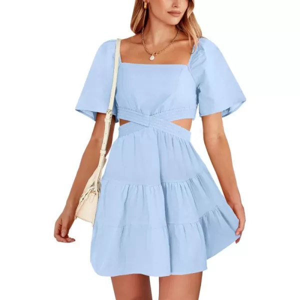 imageANRABESS Women Summer Square Neck Short Sleeve Cutout Crossover Waist Casual Party Tiered ALine Mini DressLight Blue