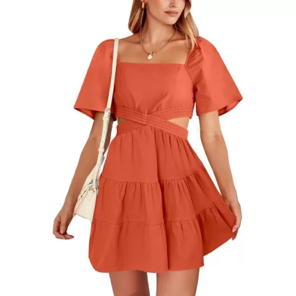 imageANRABESS Women Summer Square Neck Short Sleeve Cutout Crossover Waist Casual Party Tiered ALine Mini DressOrange