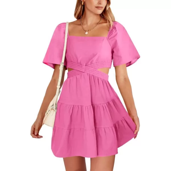 imageANRABESS Women Summer Square Neck Short Sleeve Cutout Crossover Waist Casual Party Tiered ALine Mini DressPink