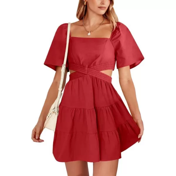 imageANRABESS Women Summer Square Neck Short Sleeve Cutout Crossover Waist Casual Party Tiered ALine Mini DressRed
