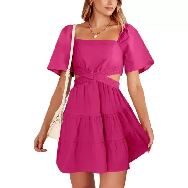 imageANRABESS Women Summer Square Neck Short Sleeve Cutout Crossover Waist Casual Party Tiered ALine Mini DressRose