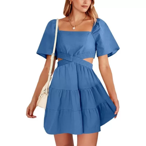 imageANRABESS Women Summer Square Neck Short Sleeve Cutout Crossover Waist Casual Party Tiered ALine Mini DressRoyal Blue