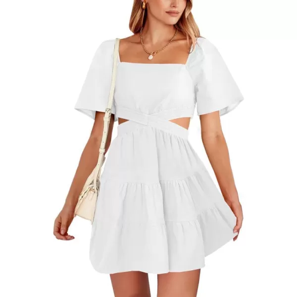 imageANRABESS Women Summer Square Neck Short Sleeve Cutout Crossover Waist Casual Party Tiered ALine Mini DressWhite