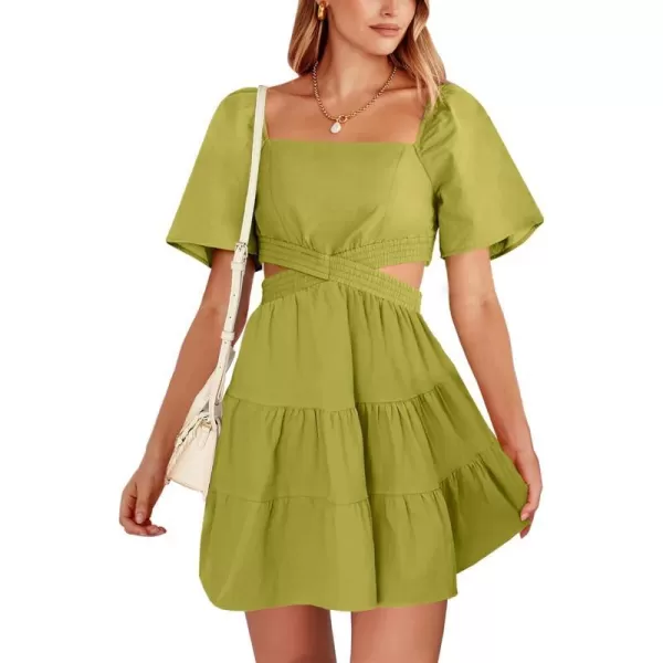 imageANRABESS Women Summer Square Neck Short Sleeve Cutout Crossover Waist Casual Party Tiered ALine Mini DressYellow Green