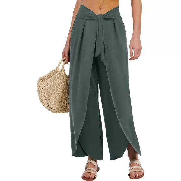 imageANRABESS Women Summer Wide Leg Pants Tie Front Loose Flowy High Waisted Casual Slit Boho Lounge Palazzo Pants TrousersDeep Green