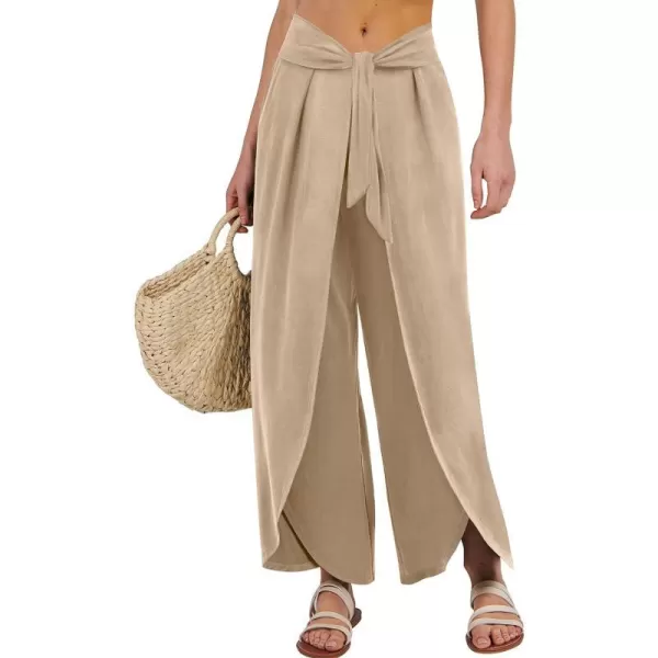 imageANRABESS Women Summer Wide Leg Pants Tie Front Loose Flowy High Waisted Casual Slit Boho Lounge Palazzo Pants TrousersKhaki