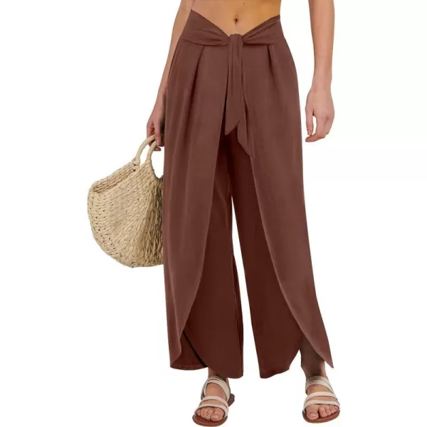 imageANRABESS Women Summer Wide Leg Pants Tie Front Loose Flowy High Waisted Casual Slit Boho Lounge Palazzo Pants TrousersRust