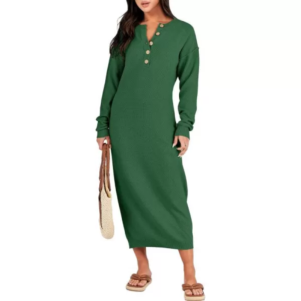 imageANRABESS Women Sweater Dress Long Sleeve Button V Neck Oversized Casual Loose Fall Waffle Knit Long DressGreen