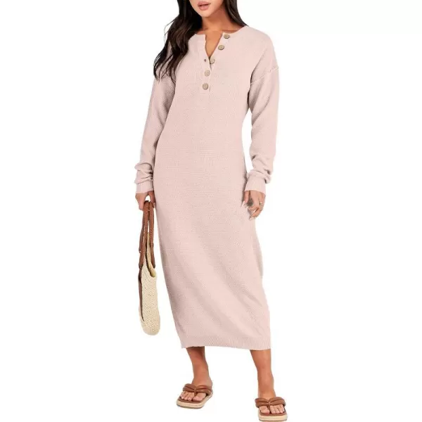 imageANRABESS Women Sweater Dress Long Sleeve Button V Neck Oversized Casual Loose Fall Waffle Knit Long DressLight Pink