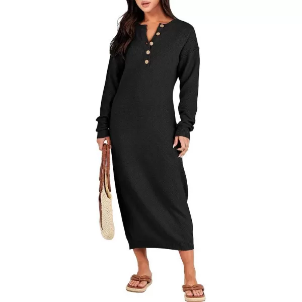 imageANRABESS Women Sweater Maxi Dress Long Sleeve Button V Neck Oversized Casual Loose Waffle Knit Sweater DressBlack